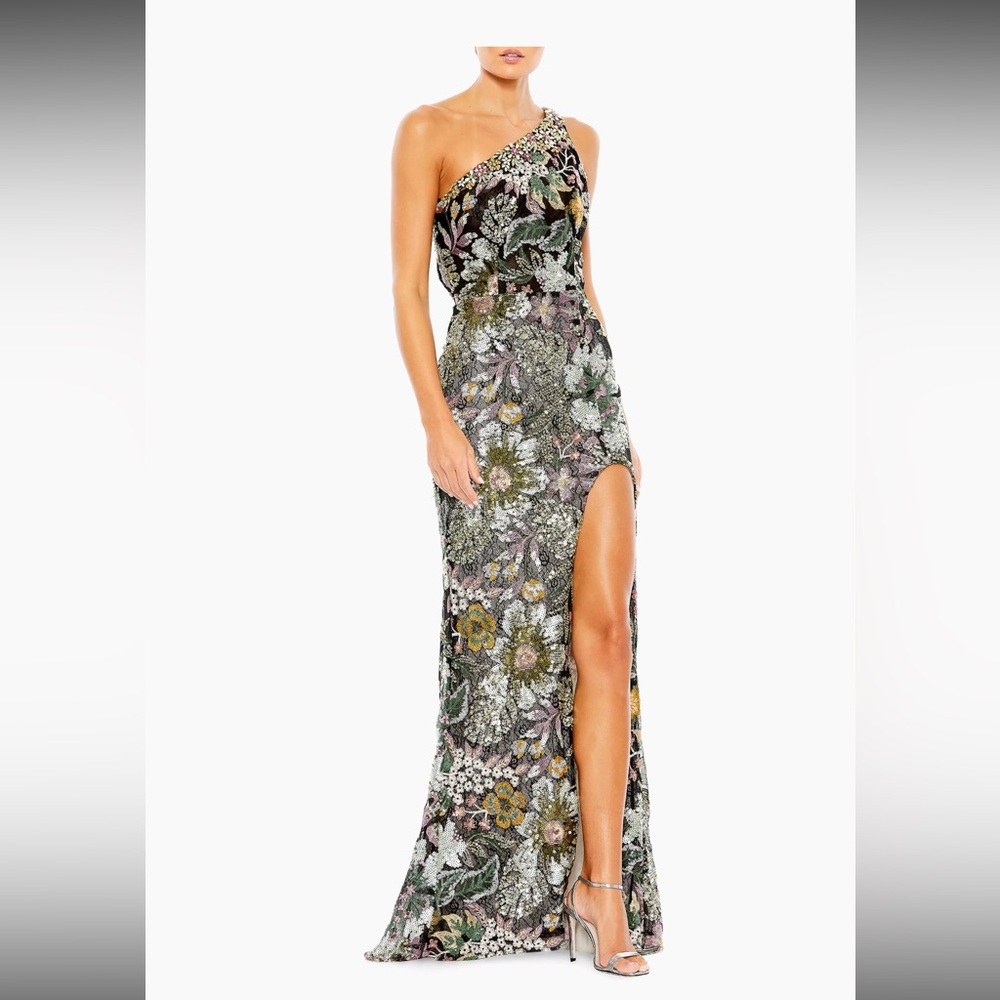 Mac Duggal Black Floral One Shoulder Sequin and Beaded Dress with Side Slit